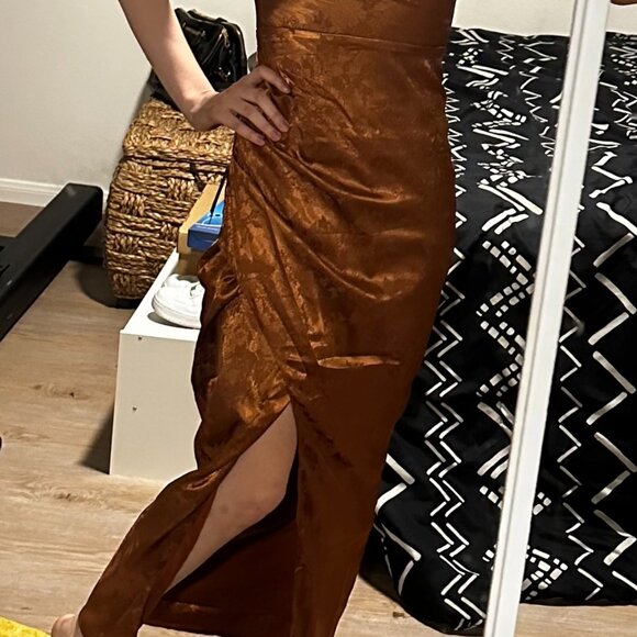 Lulus Under the Moonlight Rust Orange Satin Jacquard Maxi Dress - Picture 3 of 3